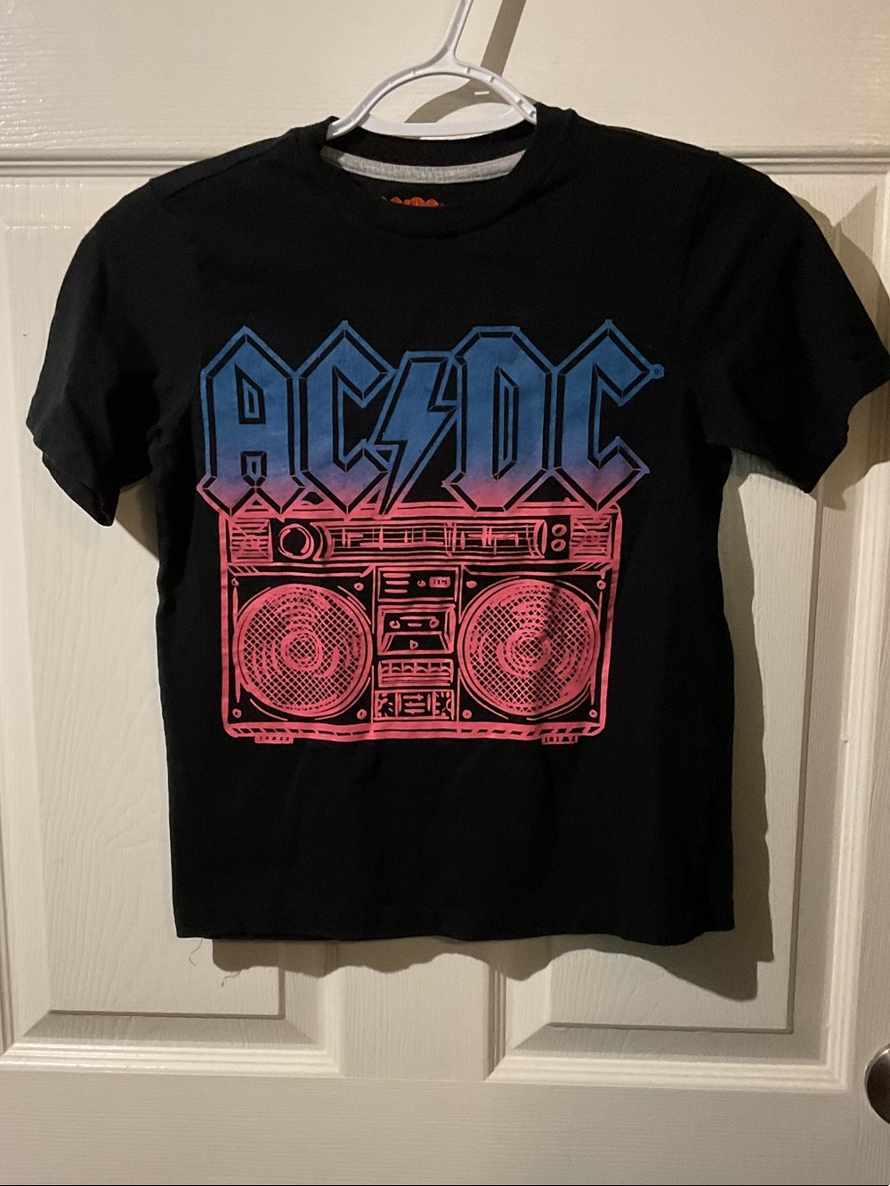 AC/DC Kids Black Band Tee with Blue-to-Pink Gradient Logo and Pink Boombox
